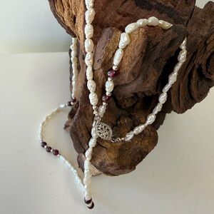 Sterling Pearl and Garnet Bead Necklace